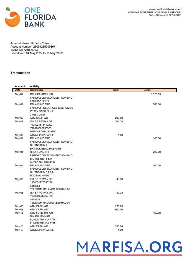 Printable USA One Florida bank statement word download for verification